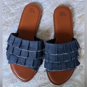 Time&Tru•Distressed Ruffle Denim Sandal Slide